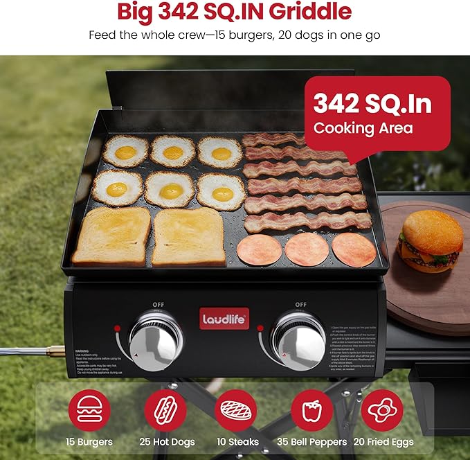 Portable Propane Gas Griddle with Collapsible Stand, Non-Stick Enameled Cast Iron, 342 SQ.IN Cooking Space, 2 Burners Flat Top Griddles for Camping, Tailgating, Outdoor Cooking