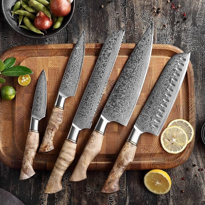 HEZHEN Damascus Kitchen Knives Set, Damascus Steel Japanese Style Chef Knife Utility Knife Santoku Knife,Figured Sycamore Wood Handle