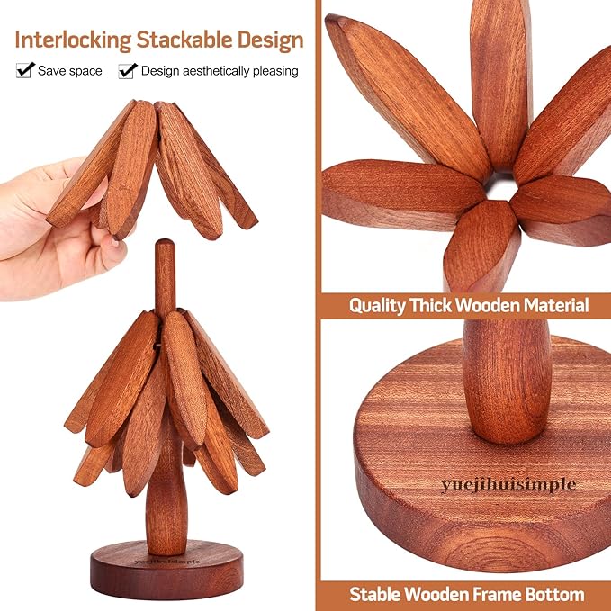 Trivets for Hot Dishes，Tree Shape Trivet Set,4 Wooden Trivets + 1 Stand， Heat-Resistant Foldable Wooden Tree Trivet Set for Pot、Bowl、Teapot、Hot Pot Holder
