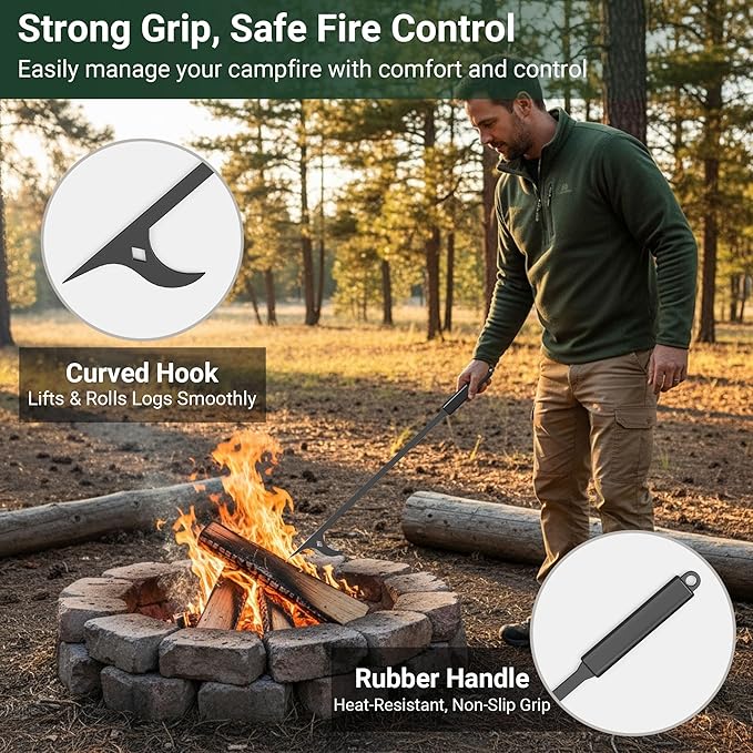 Tredre Fire Tongs and Fire Poker Set, Manganese Steel Fire Pit Tools for Outside, Heavy Duty Fireplace Tongs Log Grabber for Campfire, Wood Stove, Rust-Resistant Firewood Tong Set
