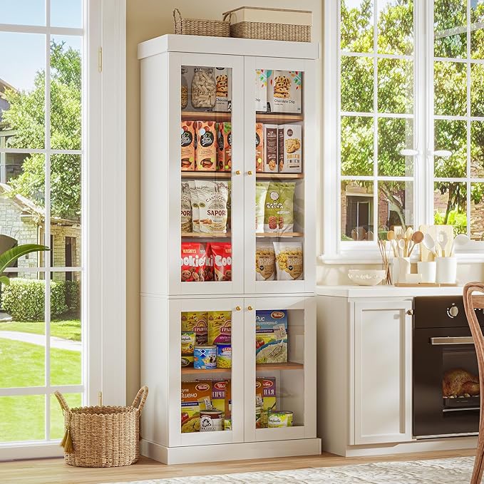 70.8" Tall Farmhouse Kitchen Pantry Cabinet with Glass Doors, Modular Storage Cabinet with 6-Tier Adjustable Shelves, White, Wooden Hutch for Kitchen, Living Room, Set of 2