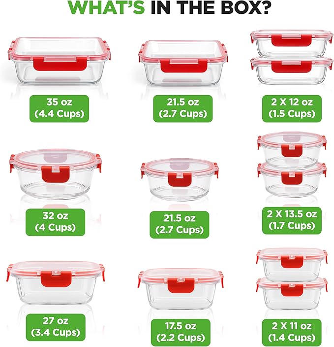 NutriChef 24 Piece Glass Food Storage Containers with Lids - Airtight Glass Meal Prep Containers, Bento Lunch Boxes, Hinged Lock Lid, For Meal Prep, Kitchen Storage, Freezer (12 Containers & 12 lids)