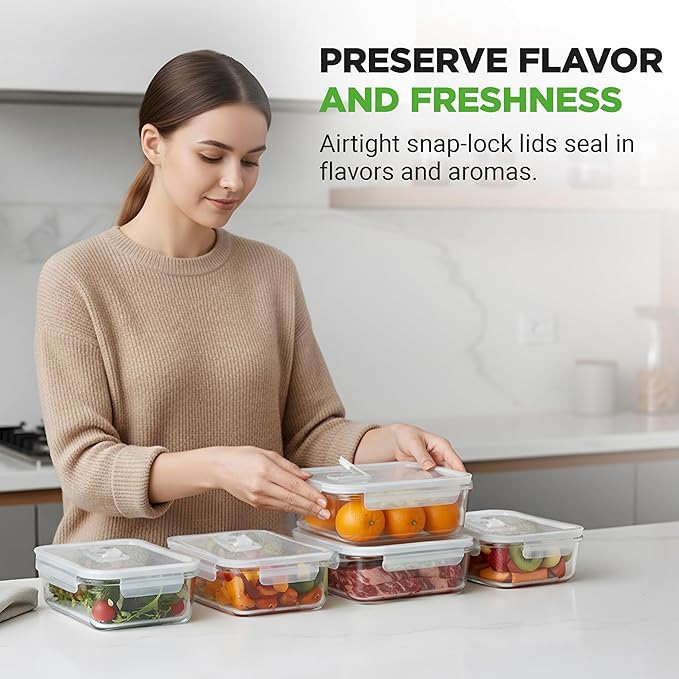 NutriChef 10-Piece Superior Glass Food Storage Containers Set (5 Containers + 5 Locking Lids),Stackable Meal-prep Design, BPA-free Airtight Clear Locking lids with Vent Lids & Air Hole, NCCLX5