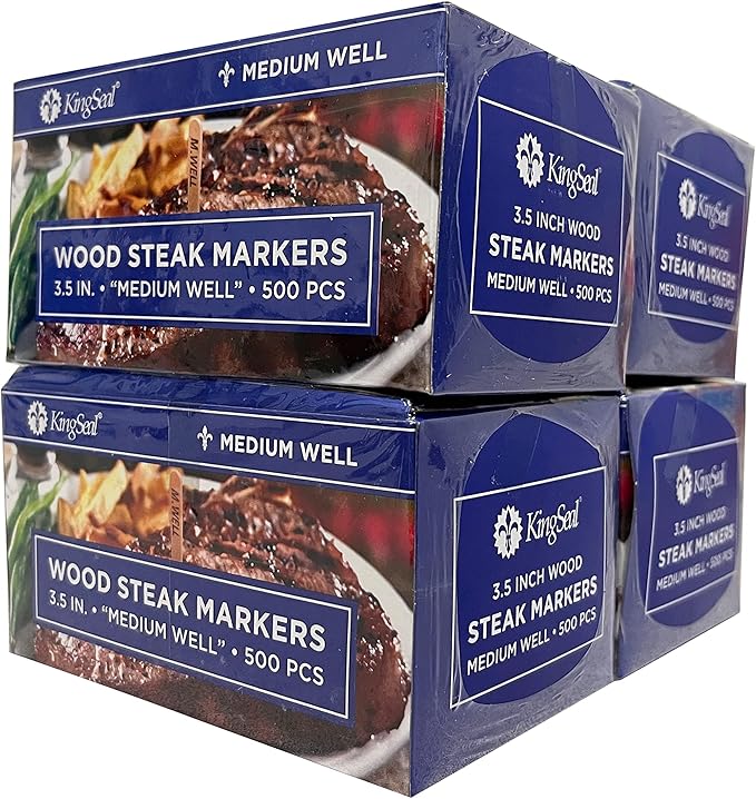 KingSeal 500 Count 3.5 Inch Natural Birch Wood Steak Markers, Heat Stamped, MED Well, Eco-Friendly, Bulk Pack - 500 Count Per Box