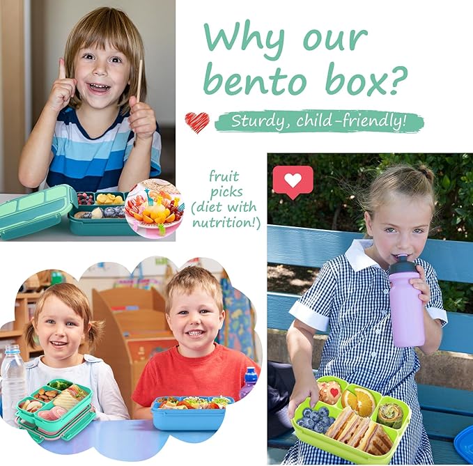 QQKO Bento Box for Kids Adults, School Toddler Lunch Box for Boys Girls, Lunch Box Containers with 4 Compartments, Sauce Container, Utensils, Food Picks and Muffin Cups for School, Pink Green