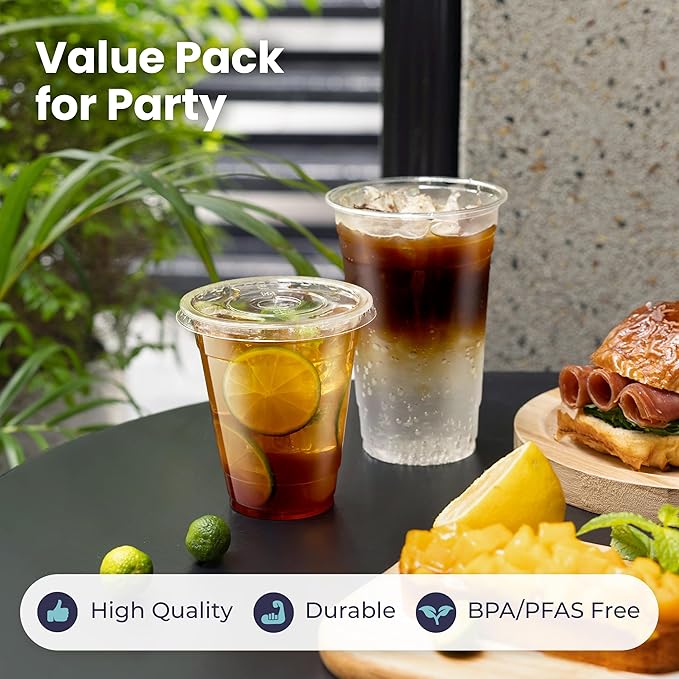 Fit Meal Prep 100 Pack 16 oz Clear Plastic Cups with Flat Lids, Disposable Iced Coffee Cups, BPA Free Premium Crystal Smoothie Cup for Party, Lemonade Stand, Cold Drinks, Juice, Milkshake