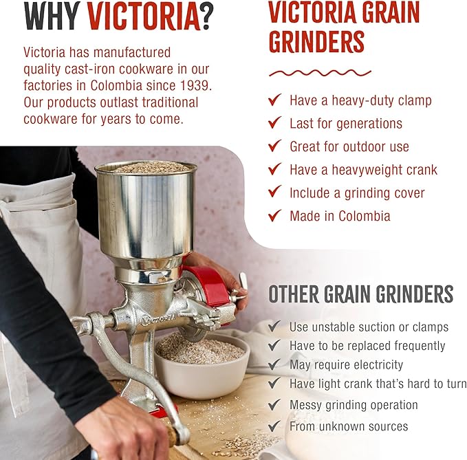 Victoria Manual Cast Iron Grain Mill with High Hopper, Premium Corn-Grinding Mill and Grain Grinder, Made in Colombia