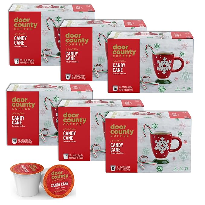 Door County Coffee Candy Cane Holiday Flavored Ground - 60 Count Single Serve Cups - Medium Roast - 100% Specialty Arabica - Flavored Gourmet - Peppermint Flavored