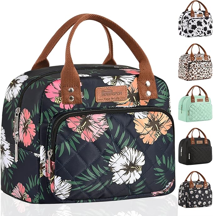 HOMESPON Lunch Bag for Woman Man Adults with Front Pocket Insulated Lunch Tote Lunch Box Container for Work Picnic or Travel(Green Leaves)