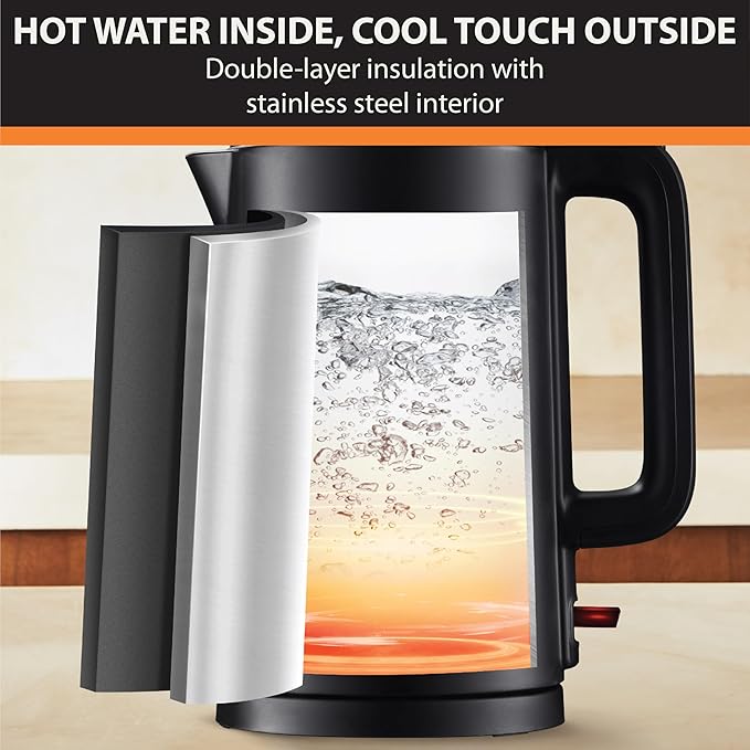 KRUPS 1.5L Electric Kettle Stainless Steel Cool Touch Interior, Fast Boiling, One Cup in 80 Seconds, Double Wall, Auto Off, Keep Warm, Hot Water Kettle Electric, Cordless, Black