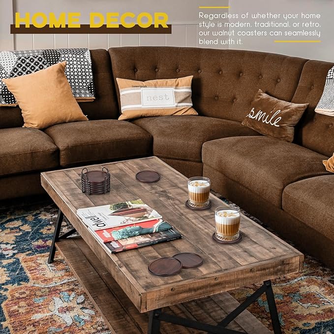 Wood Coasters with Metal Holder, GOH DODD Set of 6 Walnut Wooden Coaster Tabletop Protection for Drinks Coffee Table Home Kitchen Office Bar Living Room Decor Housewarming Gifts Wedding Party, 4 Inch