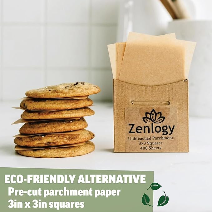 Zenlogy 3x3 Small Parchment Paper Squares (400 sheets) - Unbleached, Non-stick, Pre-cut Mini Parchment Paper - For Diamond Painting, Freezing, Storing, Separating, Flower Piping and Lining