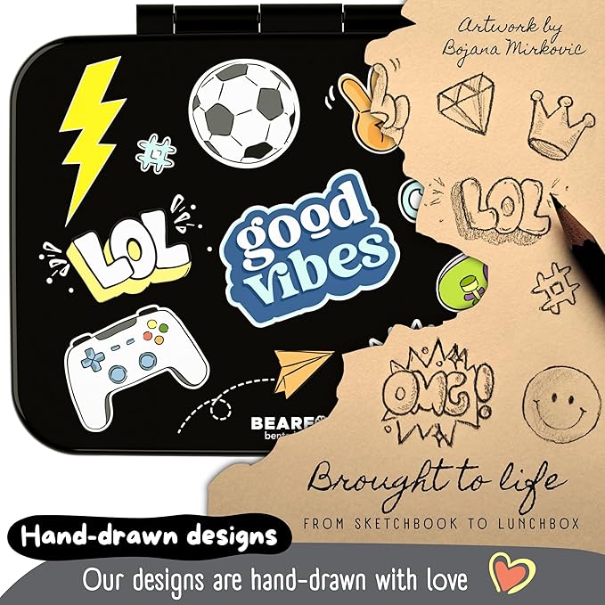 BEARFOOT Kids Lunch Box with Compartments – Compact & Lightweight | Leak-Proof, BPA-Free, Dishwasher & Microwave Safe | Hand-Drawn Design for Preschool, School, Travel (Sticker Black, 2.75 Cups)