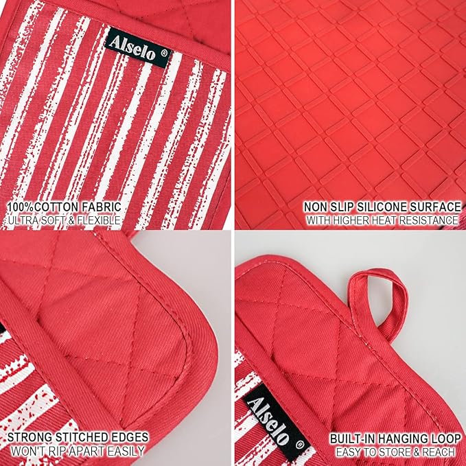Silicone Pot Holders Set of 3 Heat Resistant & Non Slip Potholders, Professional Oven Hot Pads with Pockets Mitts for Kitchen Cooking Baking Barbecue (3, Red)
