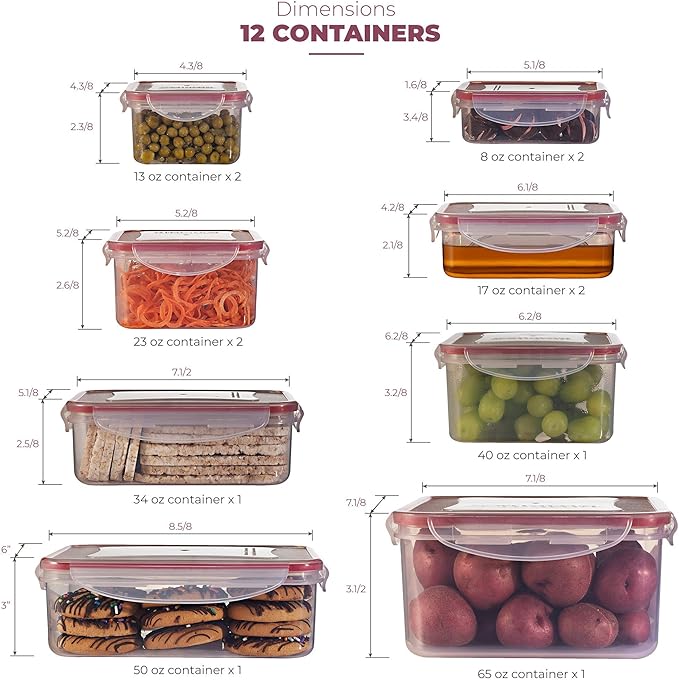 Food Storage Containers with Lids – 12 Pack Set (24 Pieces Total) -Reusable Plastic Containers – BPA-Free, Stackable, Microwave, Dishwasher, Freezer Safe – Airtight