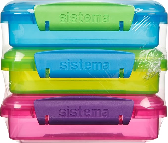 Sistema 3-Piece Sandwhich Containers for Lunch Boxes and Meal Prep, Dishwasher Safe, 1.9-Cup, Blue/Green/Pink