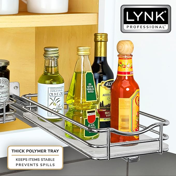 LYNK PROFESSIONAL® Pull Out Spice Rack Organizer for Inside Kitchen Cabinets - 4-3/8 inch Wide - Slide Out Drawer – Chrome Sliding Spice Cabinet Organization Shelf Racks - 1 Tier