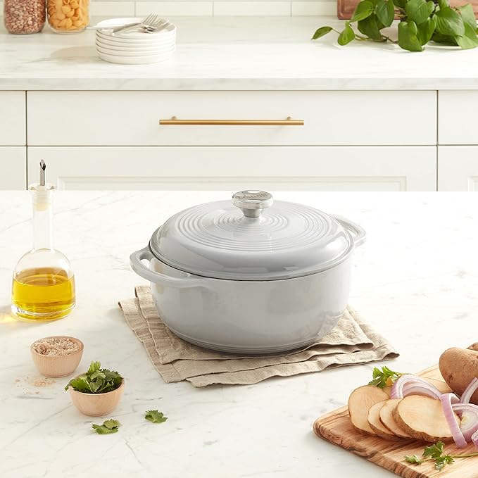 Lodge 4.5 Quart Enameled Cast Iron Dutch Oven with Lid – Dual Handles – Oven Safe up to 500° F or on Stovetop - Use to Marinate, Cook, Bake, Refrigerate and Serve – Gray