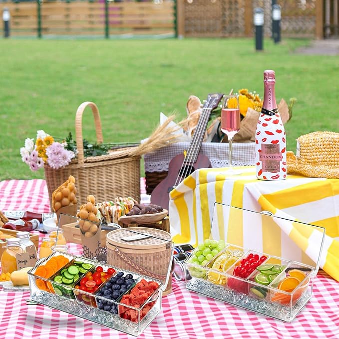 INNOVATIVE LIFE Bar Serving Tray on Ice with 5 Compartments Container, Fruit Trays for Serving, Garnish Platters with Lid, Clear