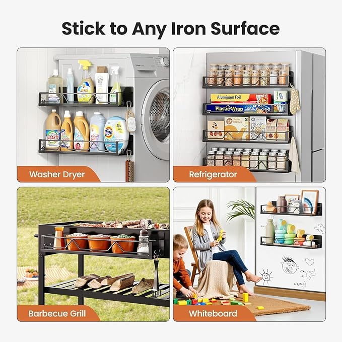16.9 Inch Wide Large Capacity Magnetic Spice Rack for Refrigerator, 5 Pack Metal Fridge Shelf, Black