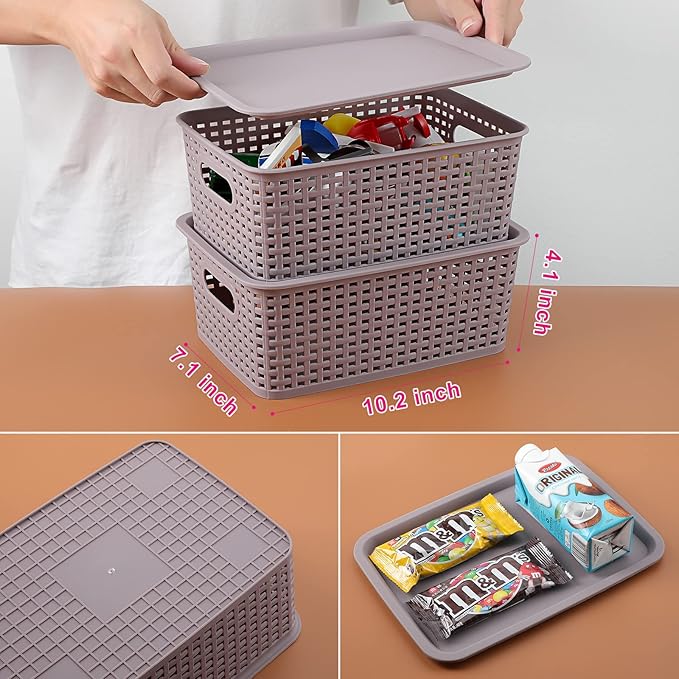 AREYZIN Lidded Storage Bins Plastic Storage Baskets With Lid Organizing Container Knit Storage Organizer Bins for Shelves Drawers Desktop Playroom Classroom Office, 6 Pack,Purple