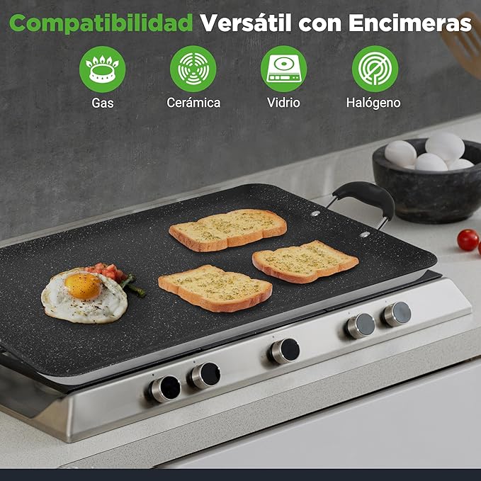 NutriChef Double Burner Griddle, Non-Stick Stove Top Griddle for Gas Stove, Dishwasher Safe, Heatproof Bakelite Handles, Even Heat Distribution, PFOA & PFOS Free, 20” x 12” x 0.8” Inch (Black)