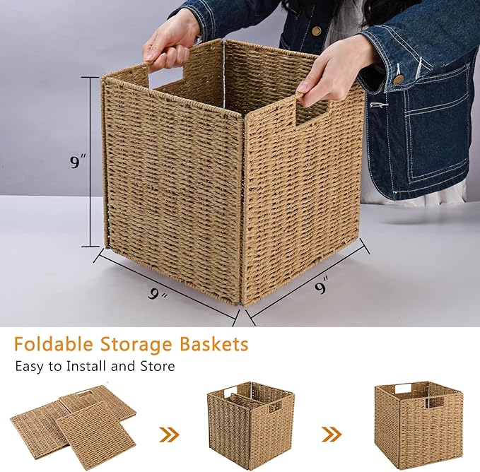 Vagusicc Wicker Storage Basket, Set of 2 Hand-Woven Storage Baskets for Shelves with Handles Foldable Cube Storage Baskets Bins, 9 inch Wicker Baskets for Pantry Bedroom Organizer &Decor, Natural