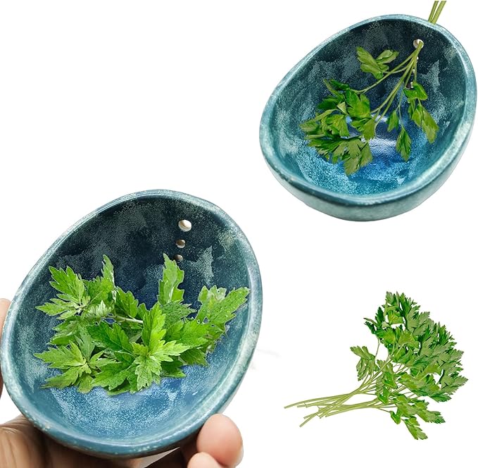 Herb Stripper, 4-Hole Design Pottery Herb Stripper,Handmade Ceramic Herb Stripper Bowl for Removing Leaves and Stems in the Kitchen (Blue Glaze)