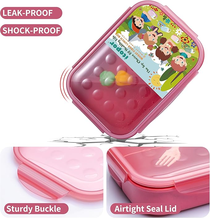 Wheat Straw Lunch Box, Leakproof Bento Box for Kids Adults, Lunch Containers with 3 Compartments BPA-Free Microwave Safe (Pink, 5.5 cup)