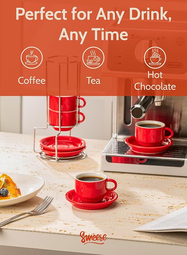 Sweese 2.5 Ounce Porcelain Stackable Espresso Cups with Saucers and Metal Stand Set of 4, Red