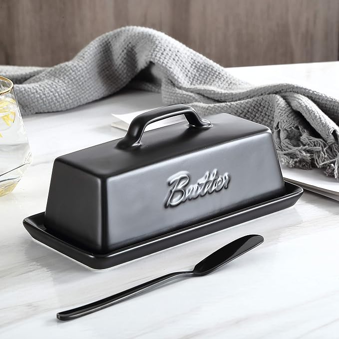 Bruntmor Ceramic Butter Dishes With Lid. Butter Holder/ Tray/ Storage With Lid And Handle. Porcelain Butter Keeper For Countertop. Butter Dish With Cover In Black Color.