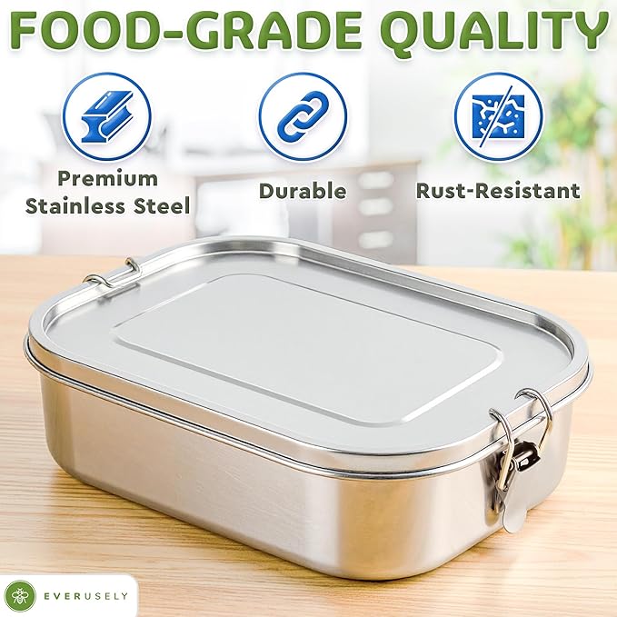 Everusely - Bento Box - Stainless Steel Lunch Box for Adults - 47 oz, 1.4 L - 5 Compartment Snack Container with Removable Silicone Seal & Secure Lock Clips - Leakproof & Dishwasher Safe