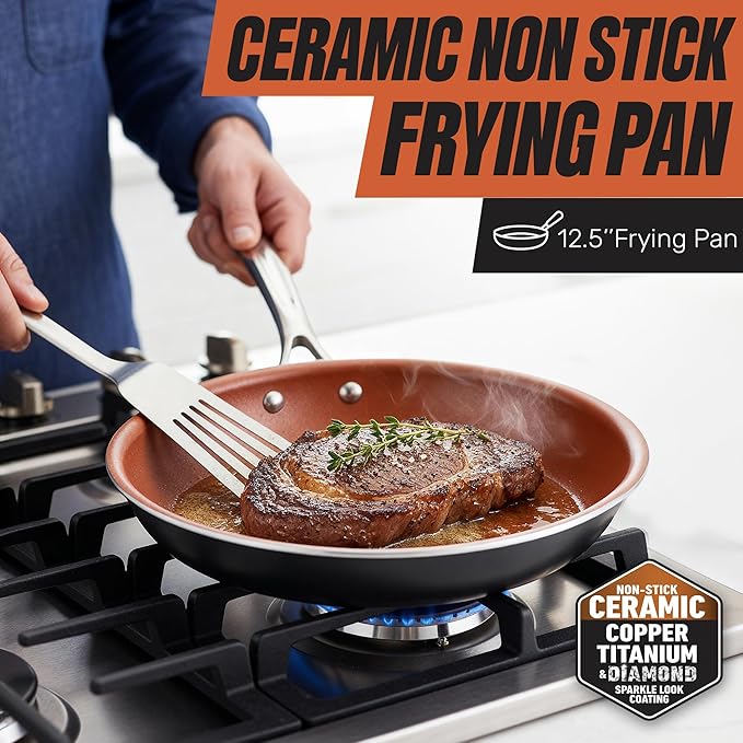 Gotham Steel Non Stick Frying Pan, 12.5” Ceramic Frying Pan Nonstick, Long Lasting Nonstick Cooking Pan with Helper Handle / Stay Cool Handle, Ultra-Durable, Dishwasher / Oven Safe, 100% Non Toxic