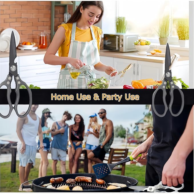 AWinjoy Heavy Duty Sharp Kitchen Scissors - Dishwasher Safe Black Cooking Shears for Meat, Chicken, Fish, Poultry, Herb, Bread (All Black)