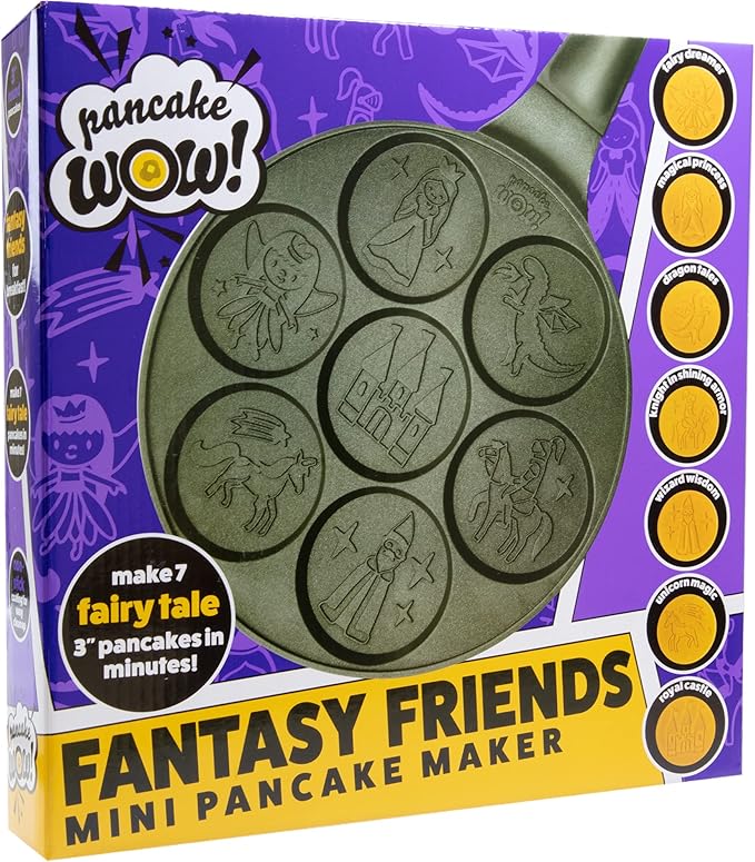 CucinaPro Fantasy Friends Mini Pancake Pan - Nonstick Griddle for Breakfast Magic, Featuring a Princess Castle & More, 7 Unique Flapjacks