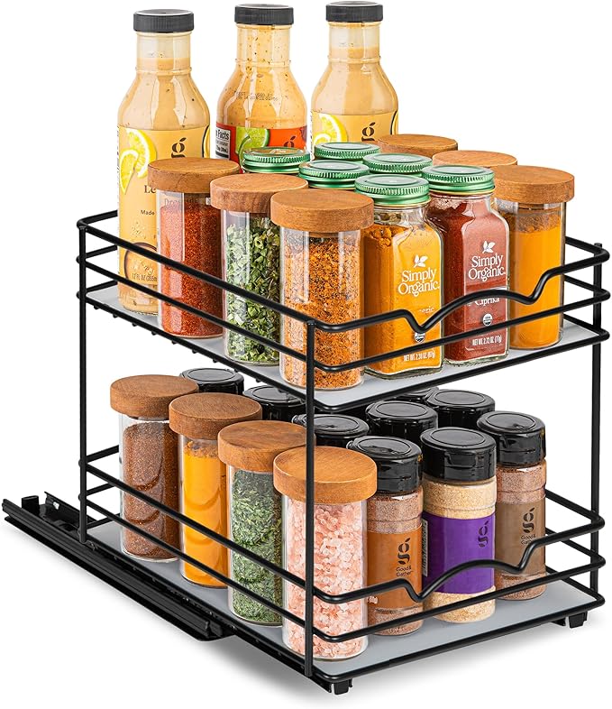 Pull Out Cabinet Organizer for Spices, Cans - Heavy Duty with Lifetime Limited Warranty- Pull Out Spice Rack- Cabinet Pull Out Shelf for Cans,Dishes, Etc, 8-1/2"Wx10-3/8"Dx8-7/8"H, Black