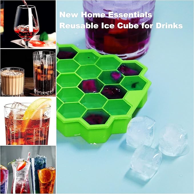 Ice Cube Trays for Freezer with Lid-Silicone Ice Cube Tray with Lid Ice Maker 2 Packs Green,Easy-Release Reusable Ice Cube in Organizer Bins or Ice Bucket for Cocktail bar or Iced Coffee Cup