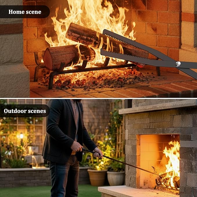 Heavy Duty Fire Tongs Firewood Grabber Tool with Scissor Shape Serrated, Bonfire, Campfire Fire Pit Log Claw Tongs (Black)