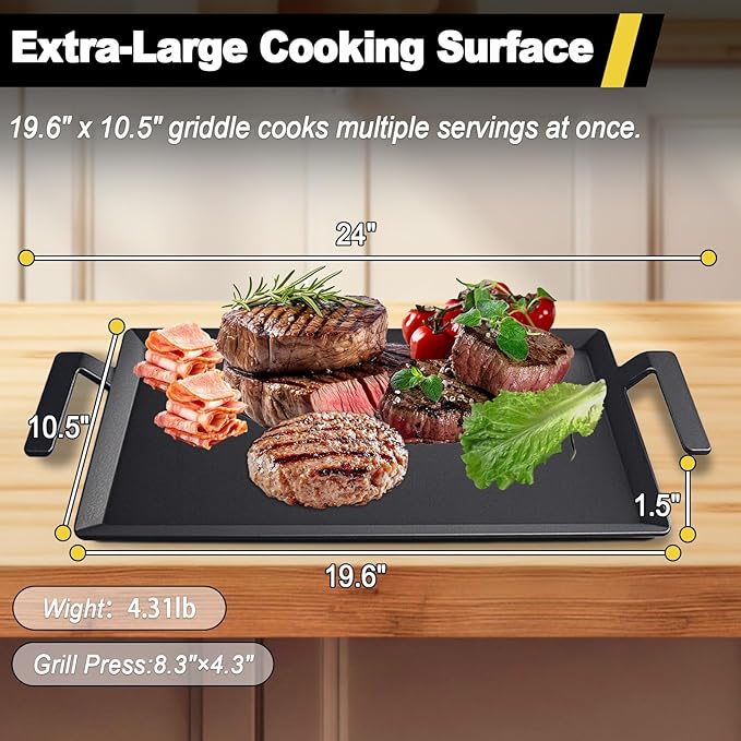 Carbon Steel Griddle for Gas Grill, 19.6" x 10.5" Double Burner Griddle Comes with Grill Press, Griddle Pan for Stove Top, Versatile Stovetop Oven, Induction Cooktop, Flat Top Plate for Charbroil Etc
