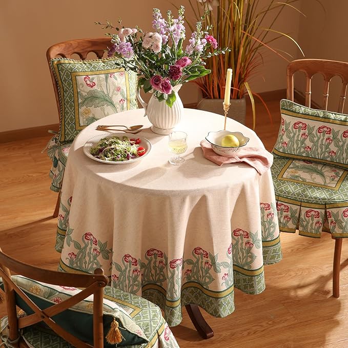 patdrea Designer Green Tablecloth for Round Table,Vintage Linen Leaves Pattern Table Cloth,Floral Cover Fall Decor for Kitchen Dining Christmas,Thanksgiving,Diameter 67"-Cecilia D