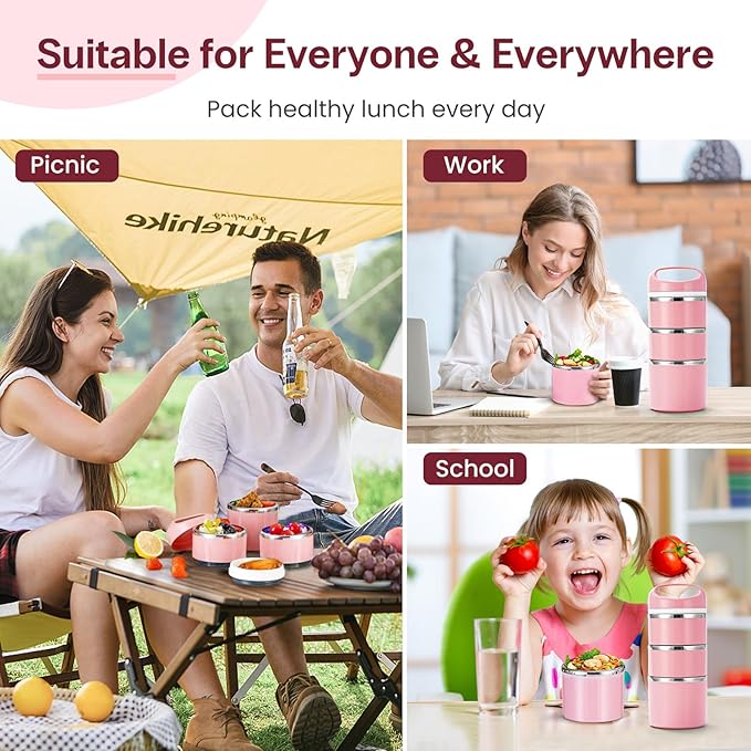 Lille Home Stackable Stainless Steel Lunch Containers, 43OZ Capacity 3 Layers Leakproof Bento Box for Adult, Portable Lunch Box for Women, Man, Travel, Office with Lunch Bag(Pink.Pro)