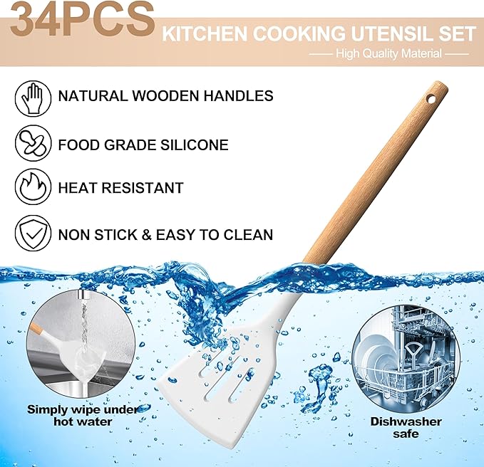 Silicone Cooking Utensils Set, 43Pcs Non-Stick Heat Resistant Kitchen Utensils Spatula Set with Wooden Handle for Baking, Cooking, and Mixing, Best Kitchen Gadgets Tools with Holder (White)