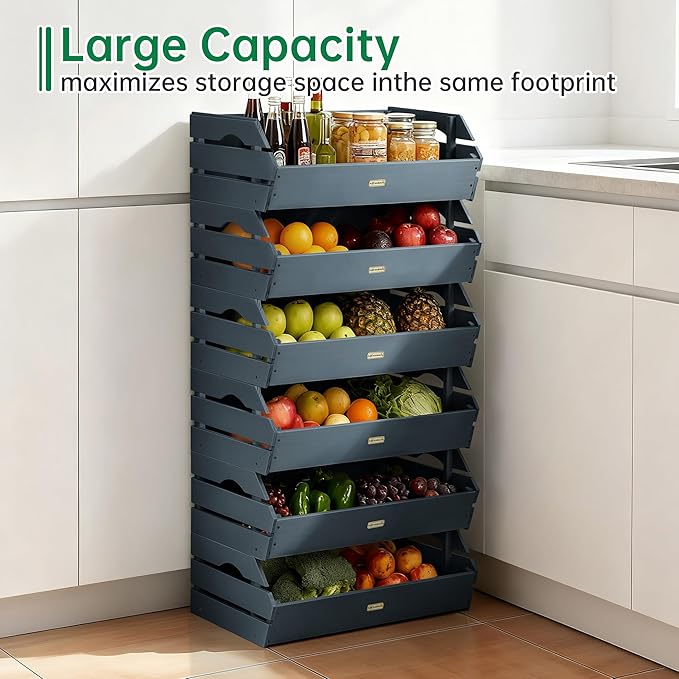HABAU Wood Potato Onion Storage Bins - Wooden Stackable Produce Basket - Fruit Vegetable Storage for Kitchen Pantry Organization, Set 3 Pieces