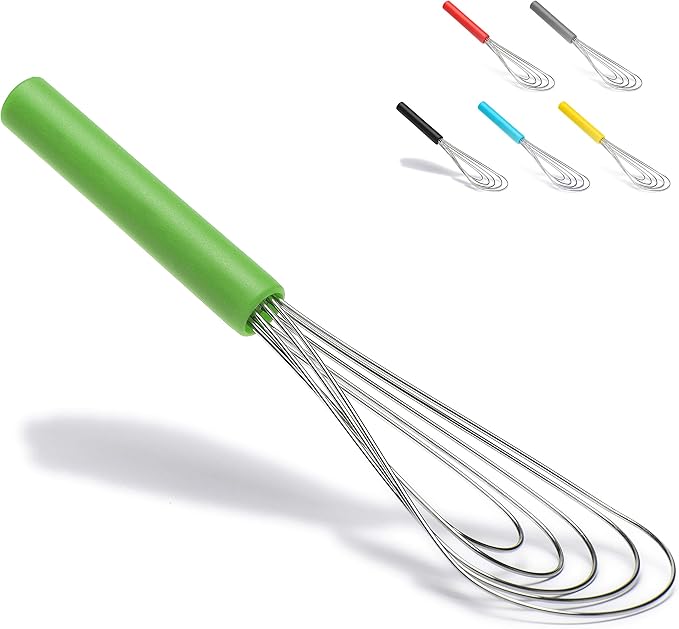 Flat Whisk Silicone Handle Non Slip 10" - 5 Wires Whisk with 10 Heads for Kitchen Cooking by Jell-Cell (Green)