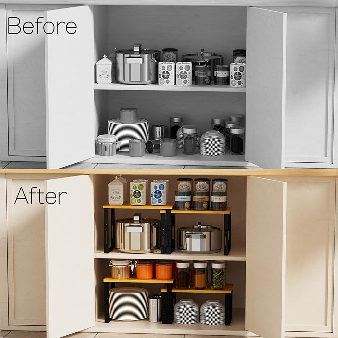 Adjustable Storage Shelves for Kitchen Cabinet Organization - Set of 2 Stackable Metal & Solid Wood Racks, Space-Saving Design for Countertop/Pantry/Garage, Easy Assembly(1 Pack/Large/Black)