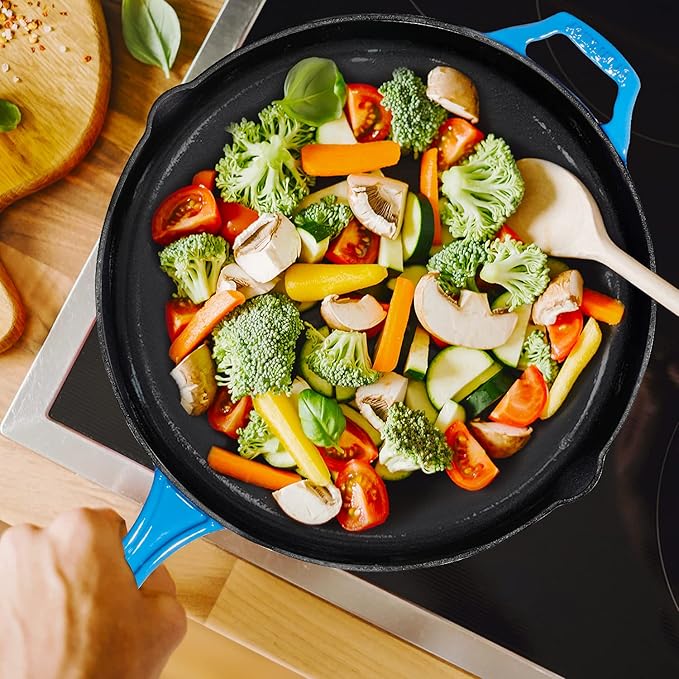Bruntmor 12'' Blue Pre-seasoned Cast Iron Frying Pan, 12 Inch Oven Safe Skillet, Grill Pan Set, Nonstick Cookware And Bakeware For Casserole Dish