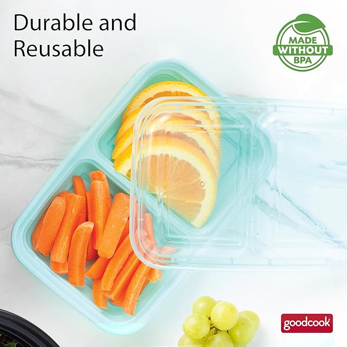 GoodCook 2-Compartment Food Storage Container Set with Snap-Shut Lids, Reusable Divided Snack Containers with Lids, Blue (Pack of 40)