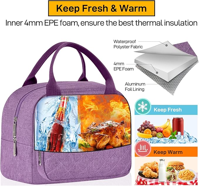 HOMESPON Lunch Bag for Woman Man Adults with Front Pocket Insulated Lunch Tote Lunch Box Container for Work Picnic or Travel(Purple)
