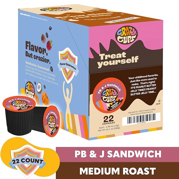 Crazy Cups Flavored Coffee for Keurig K-Cup Machines, Peanut Butter & Jelly Sandwich, Hot or Iced Drinks, 22 Single Serve, Recyclable Pods(Pack of 1)