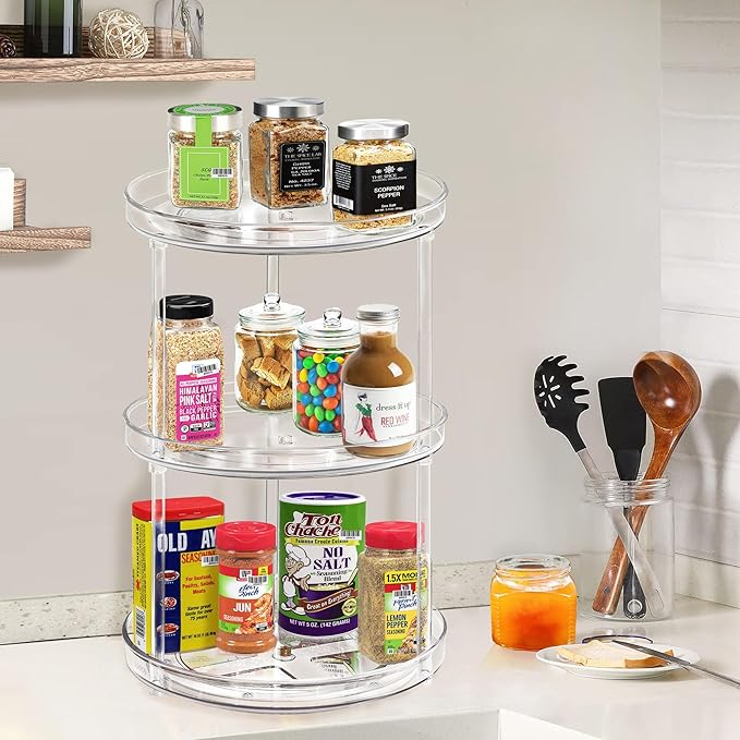 3 Tier Lazy Susan Bathroom Organizer - 9.25 Inch Clear Makeup Organizer with Skincare and Perfume Storage for Countertop